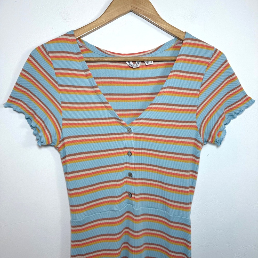 Roxy Ribbed Midi Dress M Blue Orange Striped Lettuce Edge‎ Retro Coastal Preppy - Picture 3 of 14